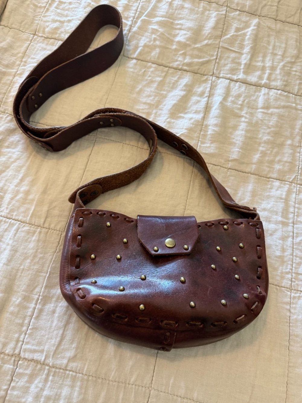 Brown Studded Leather Crossbody Bag